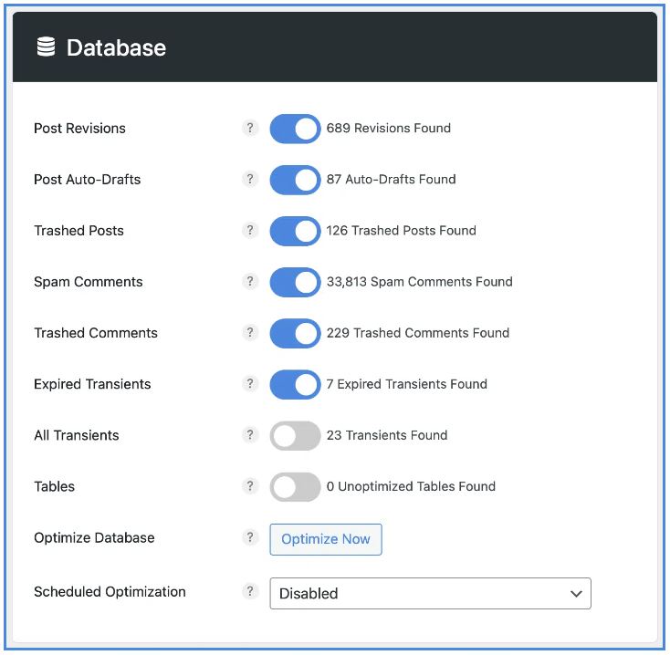 Perfmatters database optimization