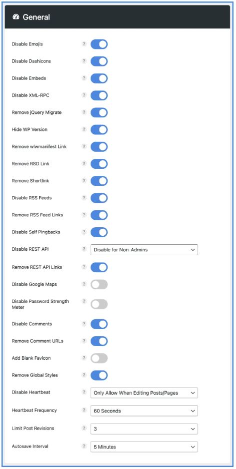 Perfmatters quick-toggle options